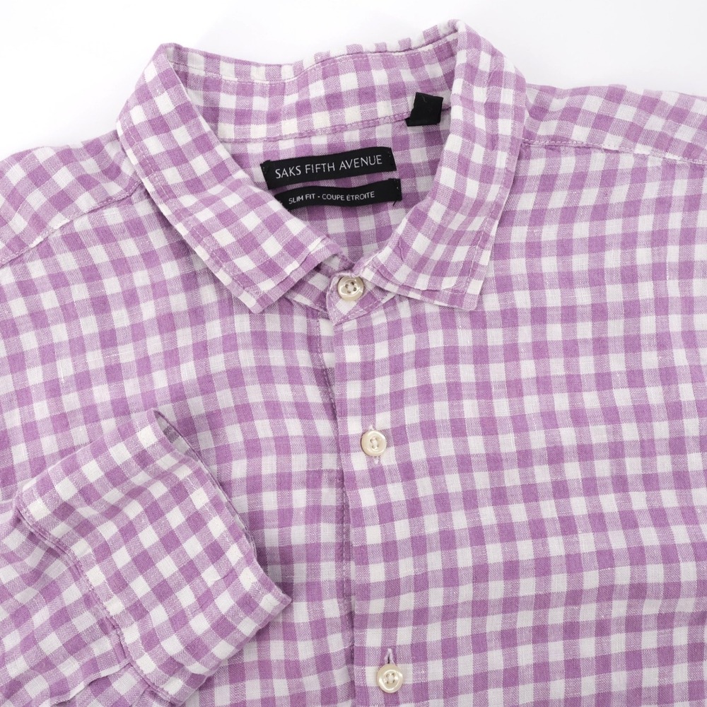 Saks Fifth Avenue Gingham 100% Linen Button Down Purple Long Sleeve Mens XXL